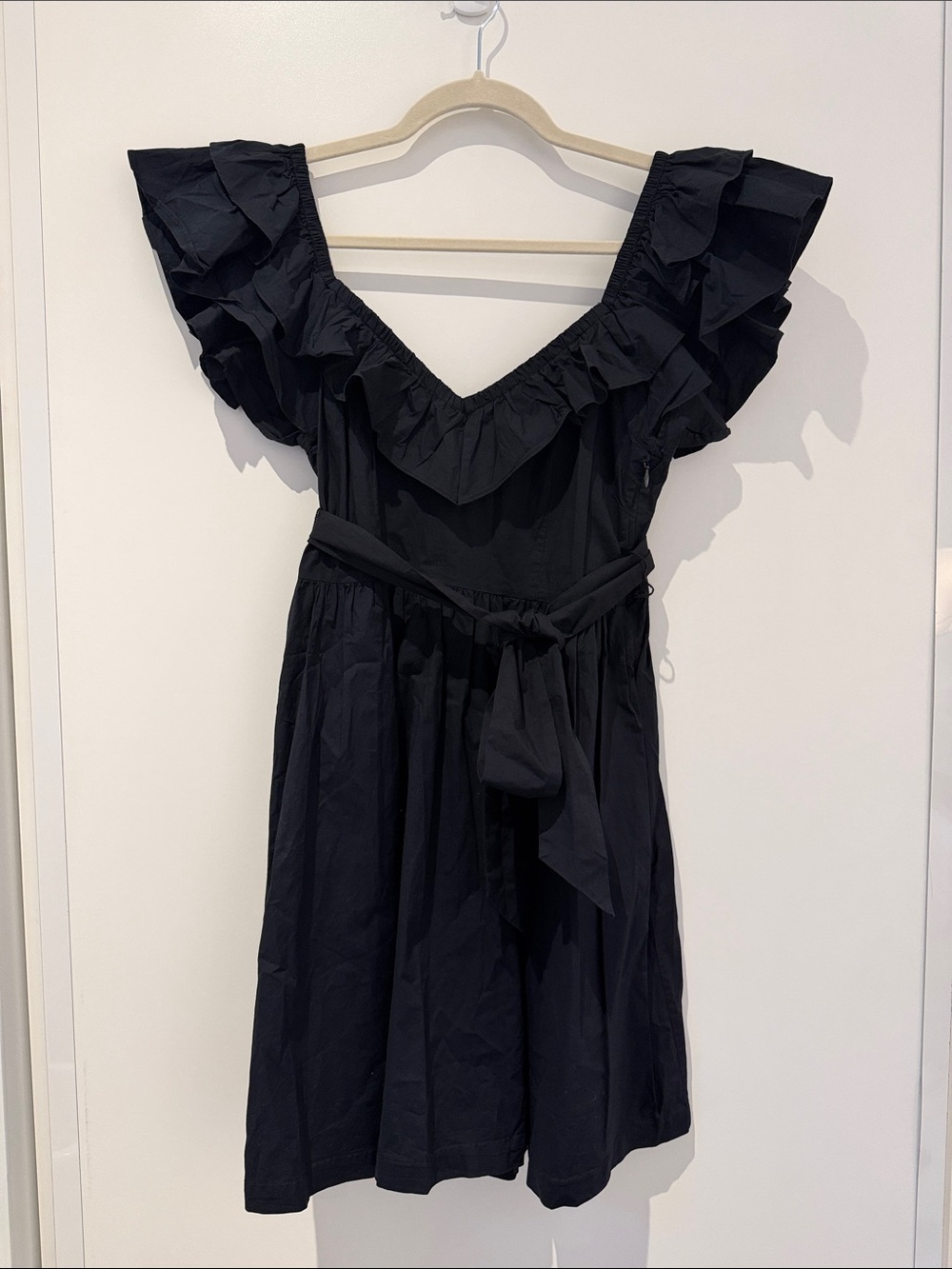 Hill House Black Ruffle V-Neck Belted Mini Dress with Flutter Sleeves